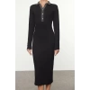 Women Fashion Midi Length Button Down Collar Slim Color Block Bodycone Fitted Snap Detail Knit Dress