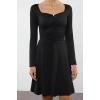 Women Fashion Mini Length Sweetheart Neck Relaxed Lined Skater Floral Detailed Gathered Draped Flexible Knit Dress