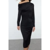 Kadın Moda Şık Midi Boy Asimetrik Yaka Slim Fitted Vücuda Oturan Örme Elbise