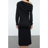 Kadın Moda Şık Midi Boy Asimetrik Yaka Slim Fitted Vücuda Oturan Örme Elbise
