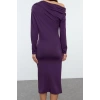 Kadın Moda Şık Midi Boy Asimetrik Yaka Slim Fitted Vücuda Oturan Örme Elbise