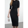 Women Fashion Stylish Midi Length Stand Collar Slim Stone Detailed Three Quarter Sleeve Bodycone Knitted Dress