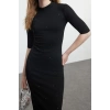 Women Fashion Stylish Midi Length Stand Collar Slim Stone Detailed Three Quarter Sleeve Bodycone Knitted Dress