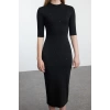 Women Fashion Stylish Midi Length Stand Collar Slim Stone Detailed Three Quarter Sleeve Bodycone Knitted Dress