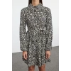 Women Fashion Stylish Mini Length Shirt Collar Regular Belted Animal Woven Dress