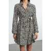 Women Fashion Stylish Mini Length Shirt Collar Regular Belted Animal Woven Dress