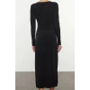 Women Fashion Stylish Maxi Length Boat Neck Slim Accessory Detailed Fitted Body Knitted Dress