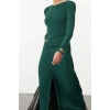 Women Fashion Stylish Maxi Length Boat Neck Slim Accessory Detailed Fitted Body Knitted Dress