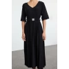 Women Fashion Stylish Maxi Length V Neck Regular Skater Belted Three Quarter Sleeve Flexible Knitted Dress