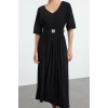 Women Fashion Stylish Maxi Length V Neck Regular Skater Belted Three Quarter Sleeve Flexible Knitted Dress