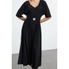 Women Fashion Stylish Maxi Length V Neck Regular Skater Belted Three Quarter Sleeve Flexible Knitted Dress