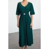 Women Fashion Stylish Maxi Length V Neck Regular Skater Belted Three Quarter Sleeve Flexible Knitted Dress