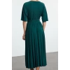 Women Fashion Stylish Maxi Length V Neck Regular Skater Belted Three Quarter Sleeve Flexible Knitted Dress