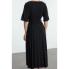 Women Fashion Stylish Maxi Length V Neck Regular Skater Belted Three Quarter Sleeve Flexible Knitted Dress