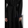Kadın Moda Şık Midi Boy Gömlek Yaka Regular Kuşaklı Çizgili Dokuma Gömlek Elbise