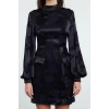Women Fashion Stylish Mini Length Stand Collar Regular A Cut Balloon Sleeve Jacquard Satin Woven Dress