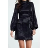 Women Fashion Stylish Mini Length Stand Collar Regular A Cut Balloon Sleeve Jacquard Satin Woven Dress