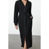 Women Fashion Stylish Maxi Length Shirt Collar Regular Belted Button Detailed Woven Dress