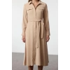Women Fashion Midi Length Shirt Collar Regular Belted A Cut Premium Fabric Zipper Detail Shirt Dress