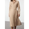 Women Fashion Midi Length Shirt Collar Regular Belted A Cut Premium Fabric Zipper Detail Shirt Dress