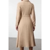 Women Fashion Midi Length Shirt Collar Regular Belted A Cut Premium Fabric Zipper Detail Shirt Dress