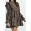 Women Fashion Stylish Mini Length Shirt Collar Regular Plain Lace Detailed Woven Dress