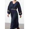 Women Fashion Stylish Midi Length V Neck Regular Waist Open Embroidered Woven Dress