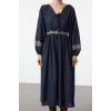 Women Fashion Stylish Midi Length V Neck Regular Waist Open Embroidered Woven Dress