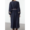 Women Fashion Stylish Midi Length V Neck Regular Waist Open Embroidered Woven Dress