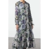 Women Fashion Stylish Maxi Length Stand Collar Regular Floral Waist Open Lined Woven Winter Dress