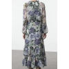 Women Fashion Stylish Maxi Length Stand Collar Regular Floral Waist Open Lined Woven Winter Dress