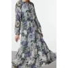 Women Fashion Stylish Maxi Length Stand Collar Regular Floral Waist Open Lined Woven Winter Dress