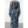 Women Fashion Stylish Midi Length Crew Neck Regular Belted Floral A-Line Lined Woven Winter Dress