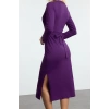 Womens Fashion Stylish Midi Length Crew Neck Slim 100% Cotton Tie Detailed Body-Sit Knitted Dress