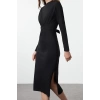 Womens Fashion Stylish Midi Length Crew Neck Slim 100% Cotton Tie Detailed Body-Sit Knitted Dress