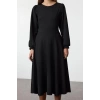 Women Fashion Stylish Maxi Length Crew Neck Relaxed Zippered Balloon Sleeve Ruffle Skirt Knitted Dress