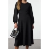 Women Fashion Stylish Maxi Length Crew Neck Relaxed Zippered Balloon Sleeve Ruffle Skirt Knitted Dress