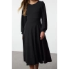 Women Fashion Stylish Maxi Length Crew Neck Relaxed Zippered Balloon Sleeve Ruffle Skirt Knitted Dress