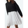Women Fashion Stylish Mini Length Hooded Relaxed Hooded Zippered Color Block Embroidered Detailed Knitted Dress