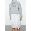 Women Fashion Stylish Mini Length Hooded Relaxed Hooded Zippered Color Block Embroidered Detailed Knitted Dress