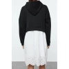 Women Fashion Stylish Mini Length Hooded Relaxed Hooded Zippered Color Block Embroidered Detailed Knitted Dress