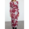Womens Fashion Stylish Midi Length Crew Neck Slim Printed Body-Fitting Flexible Gathered Detailed Knitted Dress