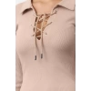 Women Fashion Stylish Midi Length Polo Neck Slim Eyelet Tie Detailed Fitted Elastic Ribbed Dress