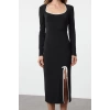 Women Fashion Stylish Maxi Length Pool Neck Slim Color Block Bow Detail Fitted Knitted Dress