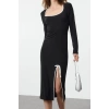 Women Fashion Stylish Maxi Length Pool Neck Slim Color Block Bow Detail Fitted Knitted Dress