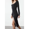 Women Fashion Stylish Maxi Length Pool Neck Slim Color Block Bow Detail Fitted Knitted Dress
