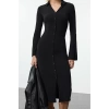 Women Fashion Stylish Maxi Length Button Collar Slim Placket Fitted Stretchy Knitted Dress