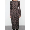 Women Fashion Maxi Length Crew Neck Slim Animal Zebra Printed Fitted Body Stretchy Knit Dress
