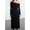Women Fashion Stylish Midi Length Asymmetrical Neck Slim Bow Detail Belted Skater Knit Dress
