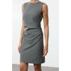 Women Fashion Stylish Mini Length Crew Neck Slim Plain Body-hugging Drape Detailed Woven Dress